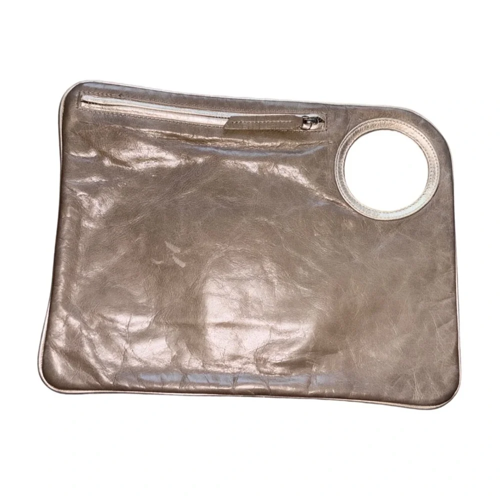 ARZA DESIGN Clutch Bag Tan Metallic Leather Ring Handle Zip Top Chic‎ Evening